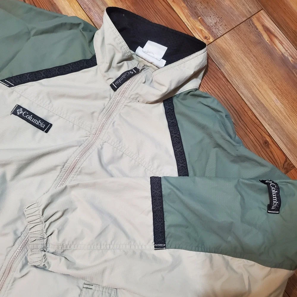 Columbia Mens Packable Windbreaker Jacket Grey Green Full Zip Large Mesh Lined